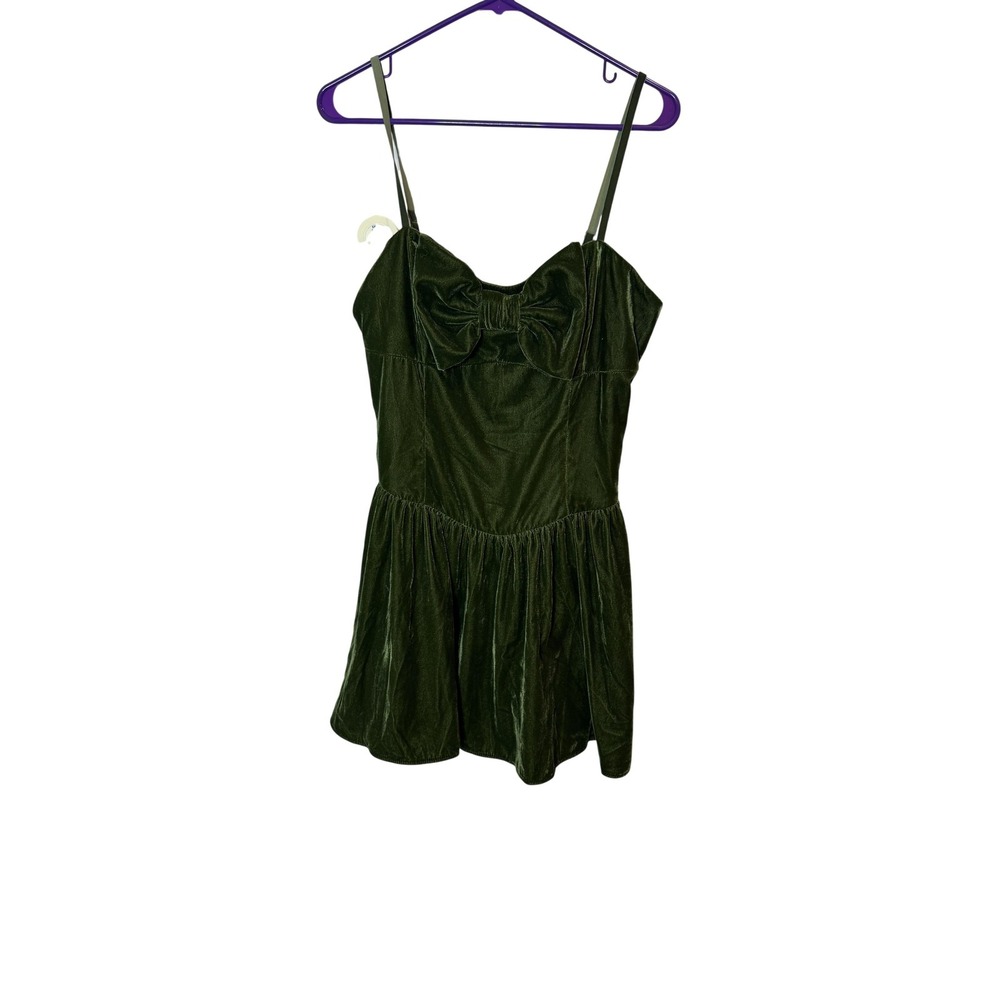 For Love & Lemons Dress Womens Large Green Velvet‎ Bow Mini Free People Party
